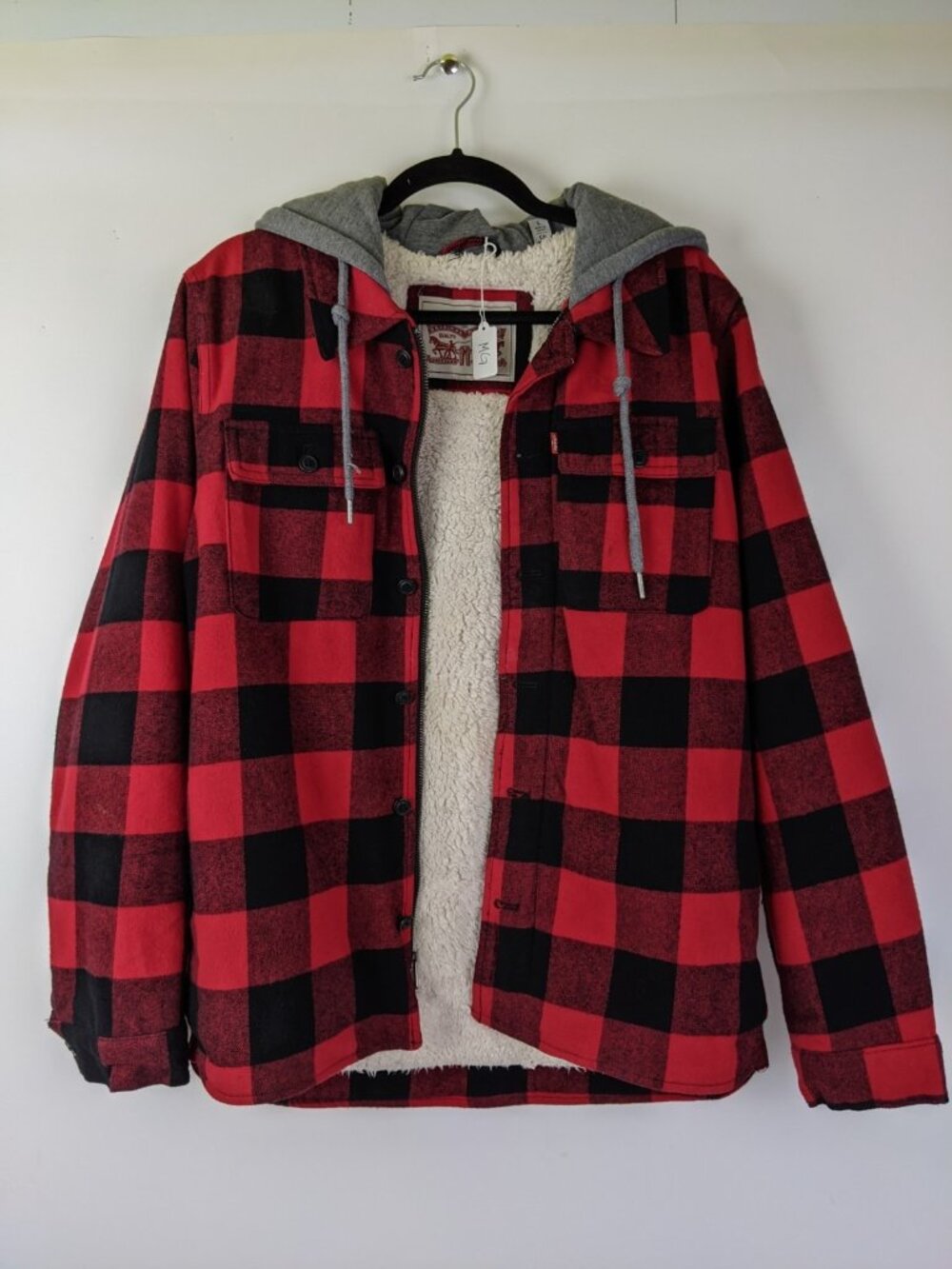 Levi's Jacket Buffalo Check Plaid Sherpa Fleece Lined Men Small Red Black Hooded